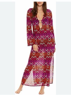 Trina Turk Pink, Red & White Geometric Maxi Dress with Gold Ring